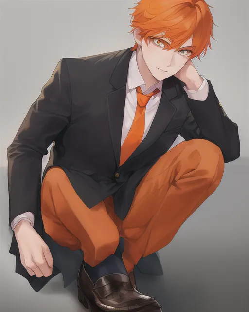Handsome boy with orange hair, detailed eyes, school uniform wearing dark orange tie, and light orange shoes
