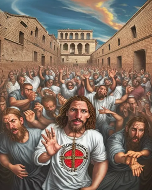 Jesus Christ and apostles in a krunk gangster rap mosh pit in ancient Roman prison cellblock