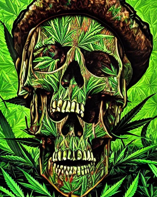 Marijuana art, fine art, centered art, weed art, ganja art, hyper detailed, hyper realistic, Rasta art, skull art, gory art, concept art