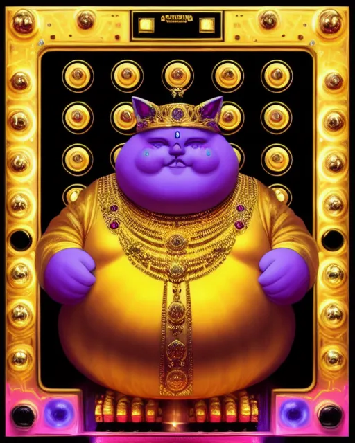 Fat Cat ruler of the universe.                                                        hyperdetailed, bright, colourful, opulent, gold, jewellery, realistic hands, beautiful, dreamlike, silk, furs, analogue technology, coloured lights on a control panel 