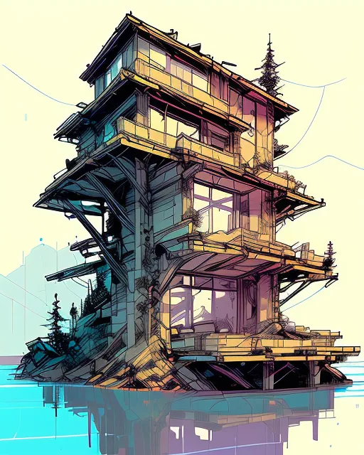 Log cabin on a floating island above a dense forest with many rivers 