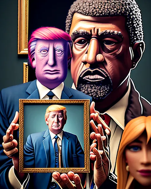 Perfect hands and perfect eyes and perfect mouth, Kanye west holding a framed painting of Donald trump, digital painting, digital illustration, extreme detail, digital art, 4k, ultra hd, cinema 4d, hyperrealism, beautiful, futuristic, post-apocalyptic, colorful, hyperdetailed, intricate, photorealistic, mysterious, surrealism, hyperrealism, beautiful, hyperdetailed, detailed, photorealistic