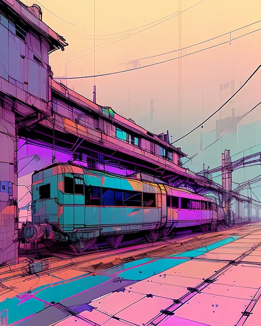 Train station full of abandoned train wagons, pastel colors, , josan gonzalez, watercolor, trending on artstation, bismuth, post-apocalyptic, pastels, realism, trending on artstation