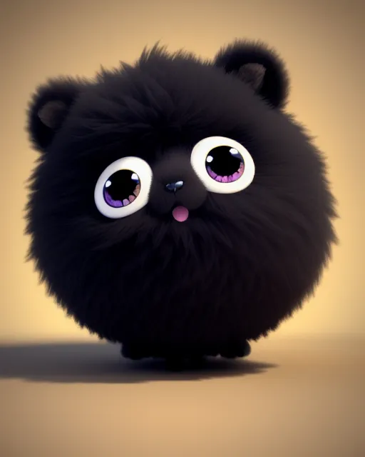 Cute small spherical black fluffy animal with big - starryai