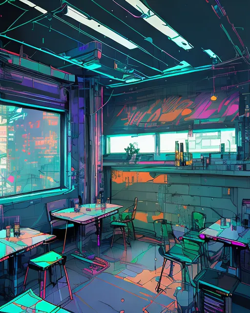 Futuristic diner, rainy, cityscape, digital painting,  digital illustration,  extreme detail,  digital art,  4k,  ultra hd, futuristic, glowing neon, retro, iridescent, synesthesia, vapor, hayao miyazaki