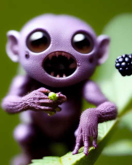 Humanoid creature munching on a blackberry