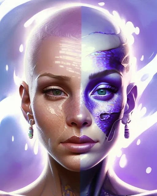 {Hyper Detailed Gorgeous woman with buzzed white hair} hyper detailed purple snake around her neck, perfect facial features, perfect facial symmetry (((Carne Griffiths, Michael Garmash, Frank Frazetta, Jean Baptiste Monge, Victo Ngai, Detailed, Vibrant, Sharp Focus, Character Design, Wlop, Artgerm, Kuvshinov, Character Design, Unreal Engine , Pixar, Shiny Aura, TXAA, 32k, Fanbox, Highly Detailed, Dynamic Pose, Intricate Motifs, Perfect Composition, Warm Dreamy Tones, Digital Painting, Smooth, Sharp Focus, Award Winning Style And Composition )))