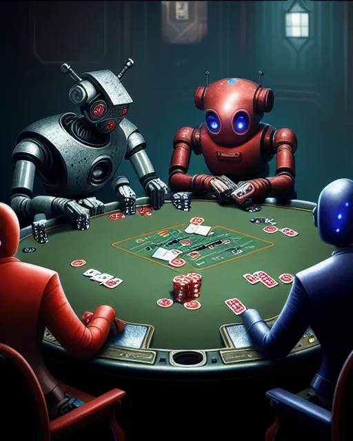 speak Delegation Senior citizens Robots are playing poker at a table, cheating), h - starryai