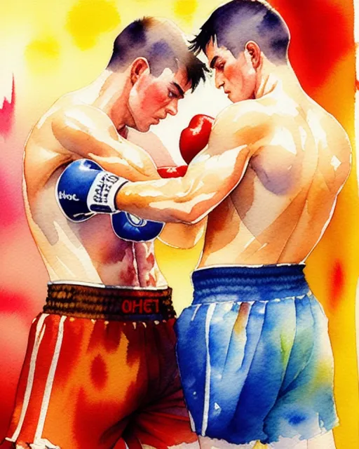 Two boxers punching each othet, impressionism, beautiful watercolor painting,  realistic,  detailed,  painting by olga shvartsur,  svetlana novikova,  fine art,  soft watercolor