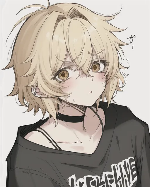 A disheveled and dispirited blonde anime tomboy character Her short, tousled blonde hair looks messy and unkempt, lacking its usual vibrancy

Her face displays a tired and defeated expression. There are visible dark circles under her eyes, indicating sleep deprivation and stress.

She wears baggy and ill-fitting clothing, sweaters, as if she has lost interest in her appearance. The colors of her outfit are muted and faded, further emphasizing her lack of vitality.

 The background can be gloomy and dim, It could depict a rainy day in a desolate urban environment.