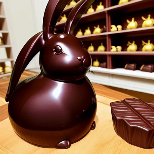 Chuky Chocolate bunny in a chocolate bunny factory, detailed, cute, , beautiful, hyperdetailed, photorealistic, in the style of Mark brooks