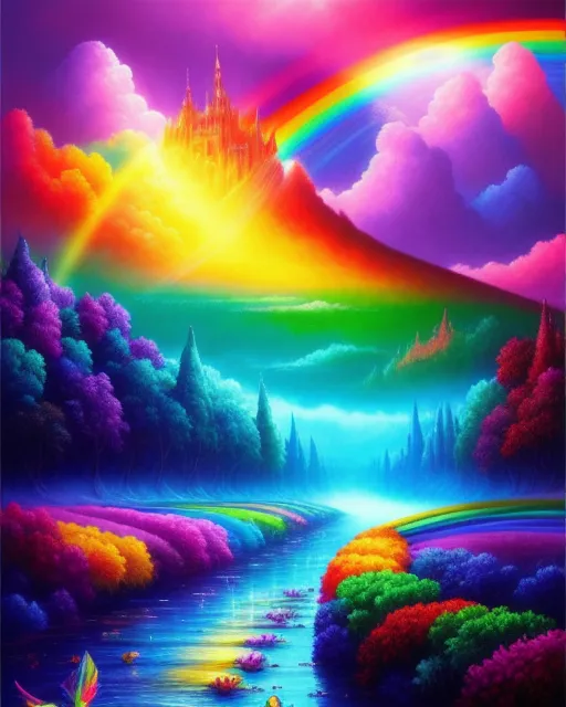 Over the rainbow, fantasy art, beautiful, radiant, colorful, detailed, vibrant, photorealistic
