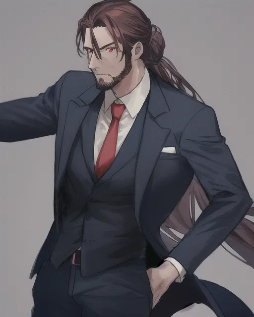 A adult man, dark blue suit, red eyes, long brown hair in a bun.