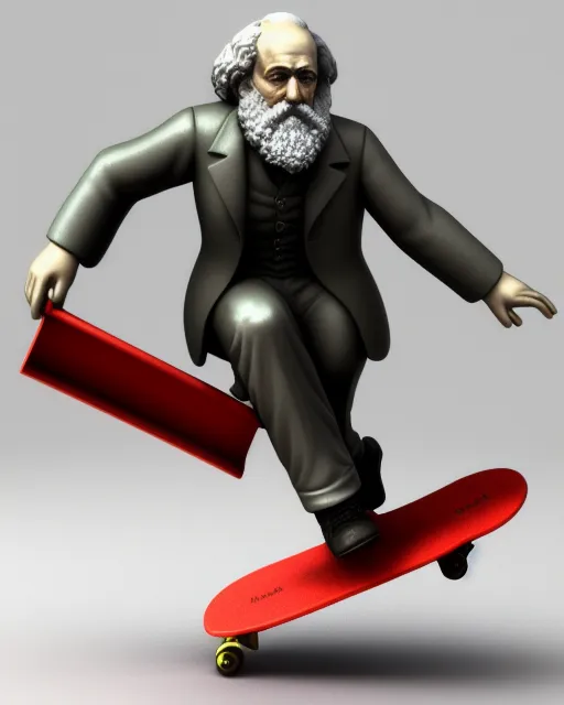 a 3D render of karl marx doing a kickflip in a communist society