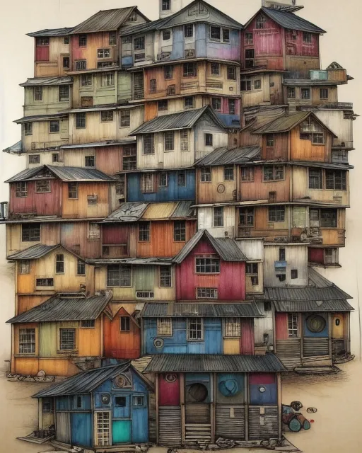 Hyun Jae Woo's Multicolored Buildings, In The Style Of Detailed Ink Illustrations, Rustic Realism, Mixed Media Funk Art, Dusty Piles, Gigantic Scale, Commission For, Biomorphic