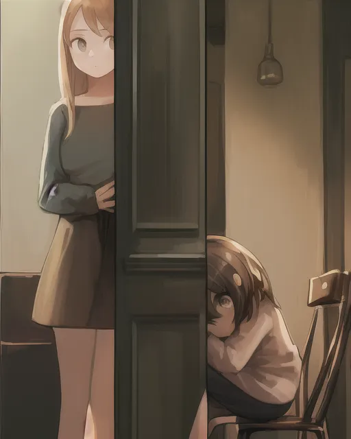 a girl hiding behind a chair while another girl looks for her