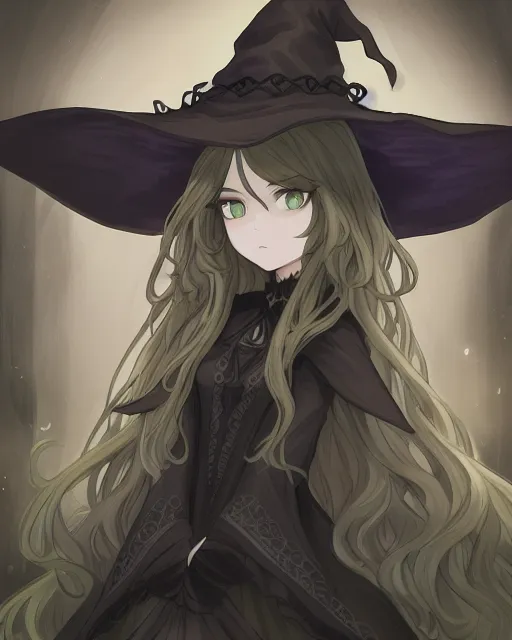 Witch with very long brown hair, light green eyes, wearing a black dress, intricate, detailed, HD