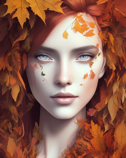 Profile portrait of an elaborate beautiful pale red hair  ((woman made of leaves)) her long hair is made of leaves and  leaves are coming out of her body she has leaves on her hair and body, leaves floating around her  black yellow orange red 2d vector illustration portrait, beautiful sad woman, vibrant, digital art, radiant, detailed, intricate, thunderstorm, vibrant, flickering light, colorful art, Real, deep depth of field, colourful lighting, backlit, defined direction, high-key lighting, defined light source, alyssa monks, surrealism , abstract