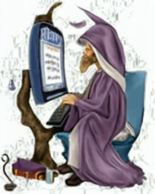 Purple robed wizard sitting at tree computer
