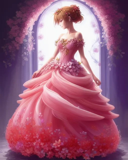 Beautiful Anime Model In A Flower Ballgown, Detailed, Petals, Full Body, radiant, warm, Rim Lighting