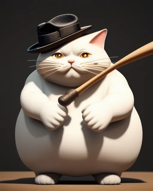 Fat cat wearing a hat holding a bat - AI Photo Generator - starryai