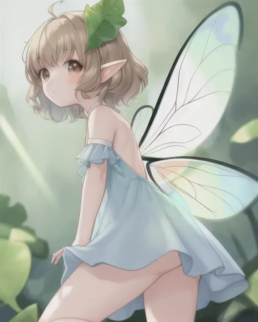 A tiny fairy with blone hair, brown eyes, light blue wings, a leaf dress