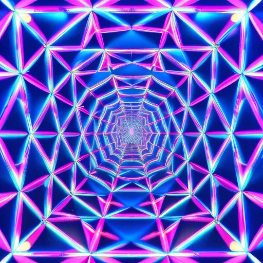 Highest definition and resolution sharp focused CGI image of a portal into a geometric wonderland expelling impossible shapes and vivid intense patterns that use mathematics to create bind bending intercut detailed hard contrast glowing field of geometric impossibilitys 