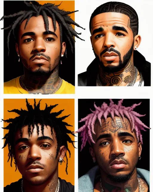 Inkpunk version of 4 diffrent rappers, juice world, lil uzi vert, kendrick lamar, and drake, with each picture split horizontally into 4 equal sections on the screen. Each with a diffrent color background, in high resolution HD, 