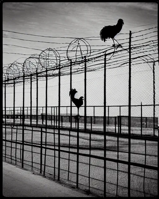 Rooster, razor wire, prison, black and white, 