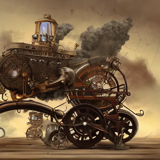 A steam powered car, Steampunk, digital painting,  digital illustration,  extreme detail,  digital art,  4k,  ultra hd, storybook illustration, trending on artstation