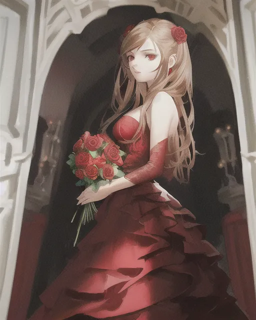 A beautiful girl in red dress with open hair with red roses in her hand 