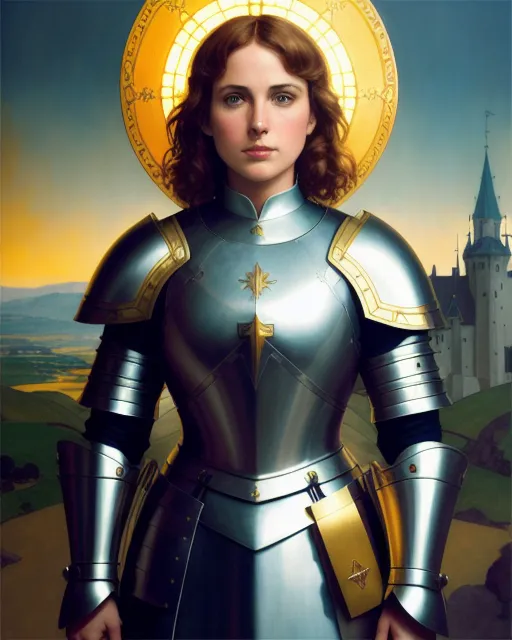 Joan Arc, dressed armor, 8k, golden - AI Photo Generator - starryai