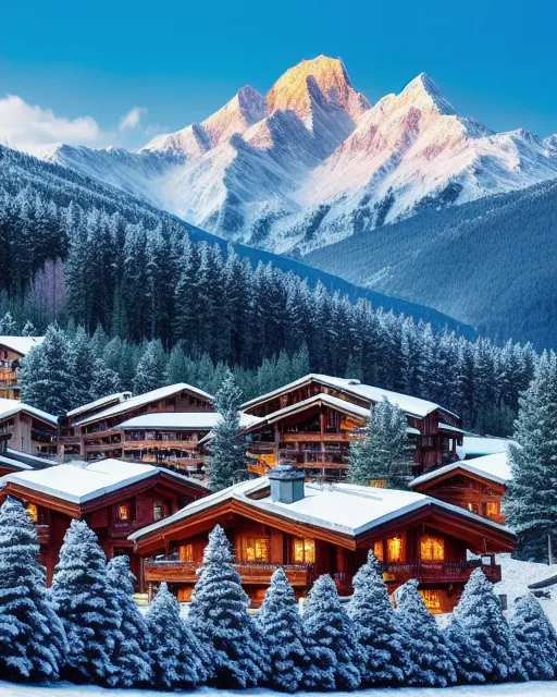 Alpine village mountains snow on - Free AI Photo Generator - starryai