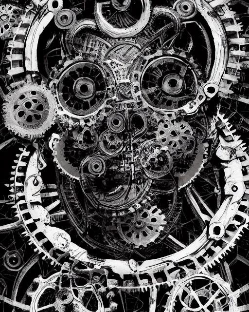 Body horror trapped in the gears of a machine - A person's body being contorted and ripped apart, trapped in the intricate web of cogs and gears of a monstrous machine, with their horrified face staring out. Blood and gore., complex, gossamer, hyperdetailed, intricate, meticulous, ominous, photorealistic