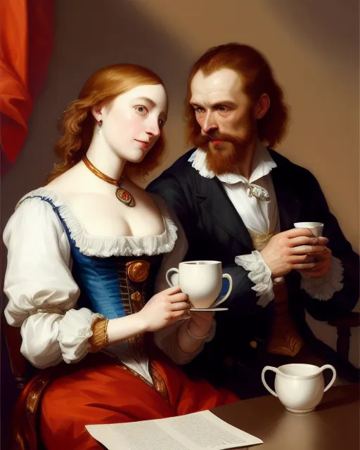 Two people having morning coffee, digital painting,  digital illustration,  extreme detail,  digital art,  4k,  ultra hd, concept art, trending on artstation, anthony van dyck, oil on canvas