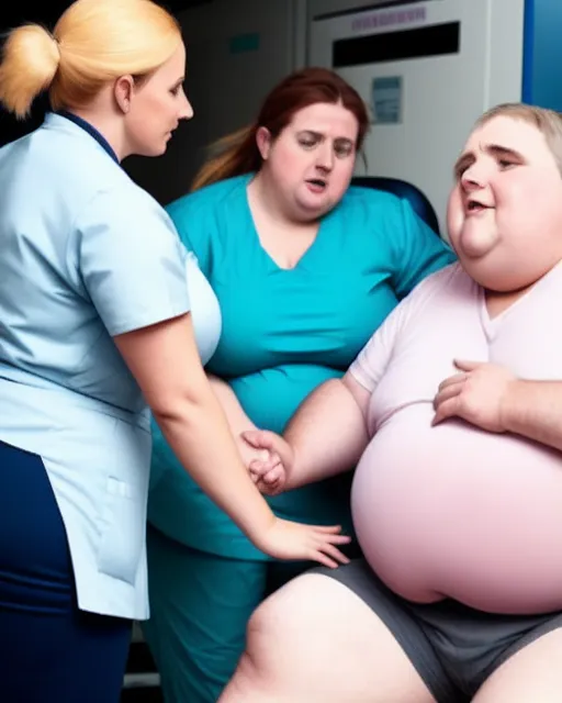 Flustered NHS healthcare workers being driven absolutely batty by ridiculously demanding obese patients.