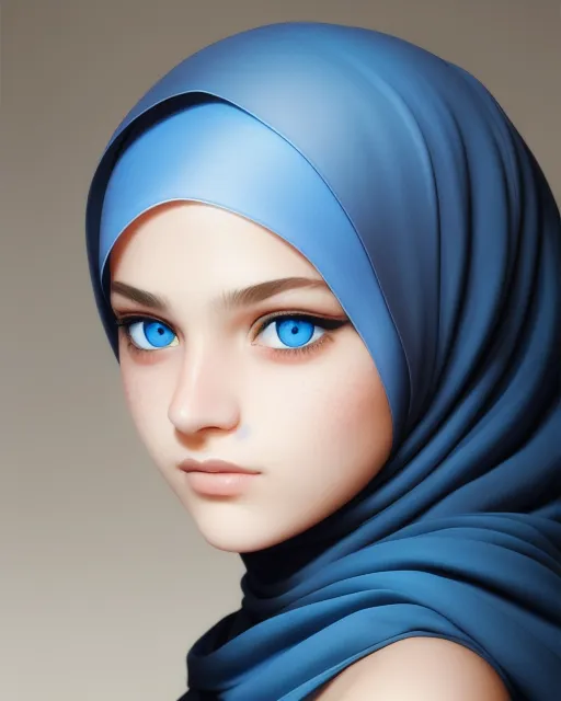 Extremely detailed portrait of a gorgeous teen with hijab, perfect blue eyes, catlike eyeliner, blushing skin with warm highlights; centered, (realistic); sharp focus, ultra high definition, elegant, cinematic lighting, professionally retouched, art by christophe young and magdalena radziej 
