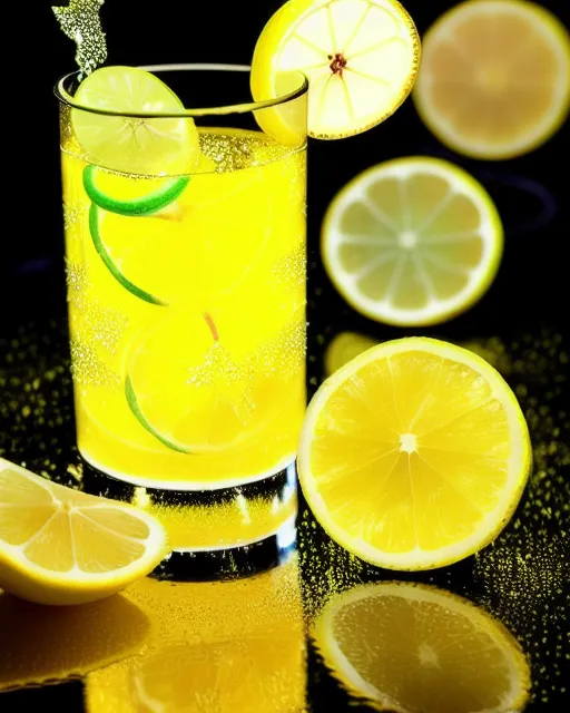 Sparkly glass or lemon water, glowing yellow, fluorescent lighting, lemons and limes in the background 