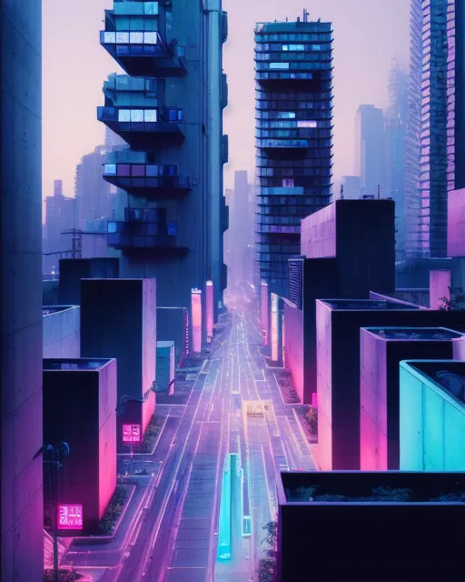 Cyberpunk city streets, national geographic photo, hyperrealism, futuristic, rooftop gardens, polished, radiant, marc trujillo, Brutalism, made of concrete, made of glass, made of steel, aerial view, long shot, night time, hyperrealism, national geographic photo, Holographic Japanese writing, holographic advertising 