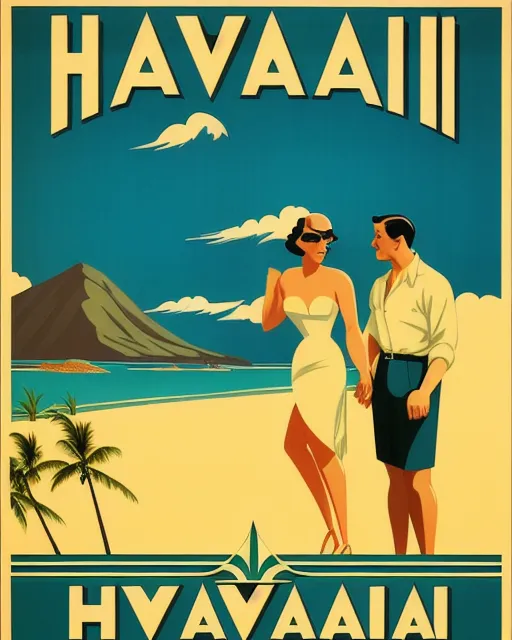 An art deco style advertisement poster for vacation in Hawaii