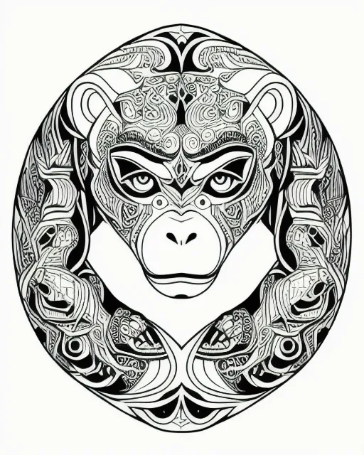 Monkey tattoo, image outline, geometric, complex, detailed, hyperdetailed, intricate, diffuse, meticulous, ouroboros, colouring-in sheet