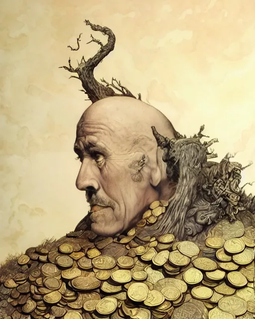 Illustration of a man rooted in a pile of gold coins, detailed, by moebius, by gustave dore, by mark brooks, sad art, surrealism, muted colors, fine art, hd