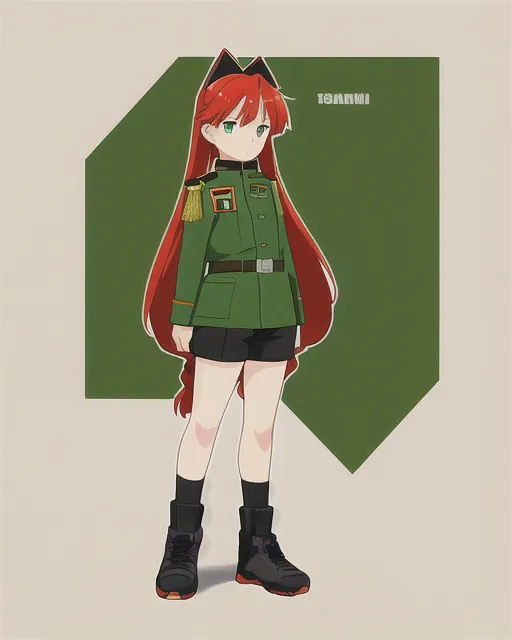 Girl 15 years, full figure, full face, stands straight, full person, character design, stands at attention, tense, in full growth, anime military uniform, green marsh, anime military, red hair, military shoes, shoes on feet, big athletic shoes, long shorts, military long shorts, girl's long shorts, bared knees, bared legs, full legs, bared navel, bared waist, military jacket, jacket hang open, open front jacket, green marsh jacket, military crop blouse, crop blouse, military short blouse, military women's tie, black women's tie, slightly tanned skin, nice face, cinema 4d