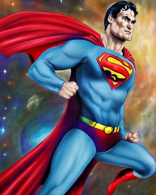 Superman, fantasy art, hyperrealism, astral, galactic, cosmic, space, ethereal, photorealistic