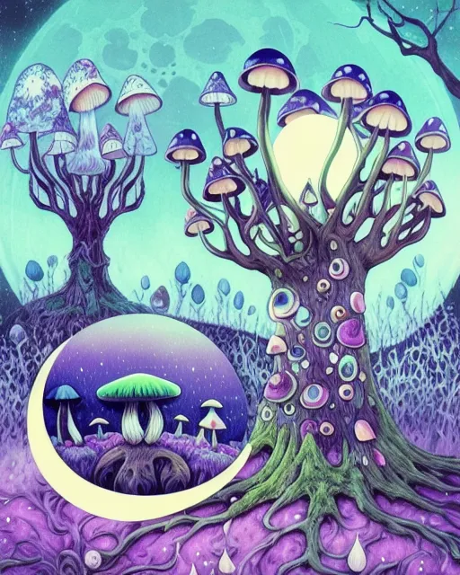 Beautiful trippy mushrooms a moon - Free AI Photo Generator - starryai