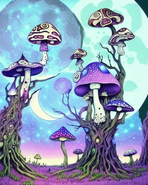 Beautiful trippy mushrooms a moon - Free AI Photo Generator - starryai