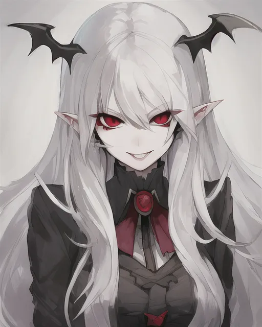 White hair anime girl, vampire, cheeky - AI Photo Generator - starryai