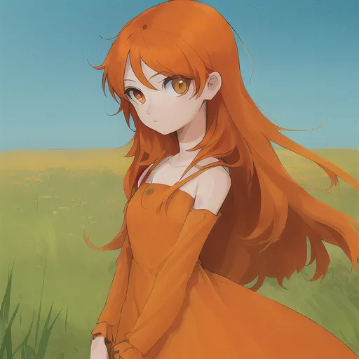girl with orange long hair teal dress brown eyes in a meadow