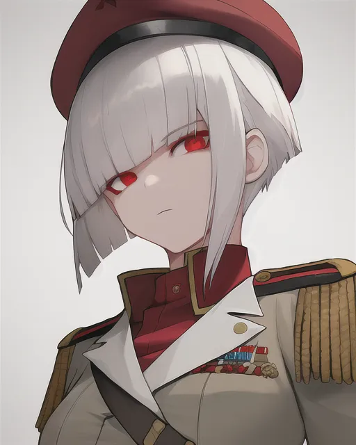 White short hair, bangs, red eyes, military uniform, baret, 