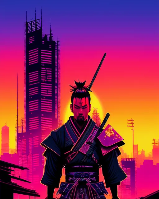 Samurai cyberpunk, synthwave painting,  sunset city,  digital illustration,  extreme detail,  digital art,  4k,  ultra hd